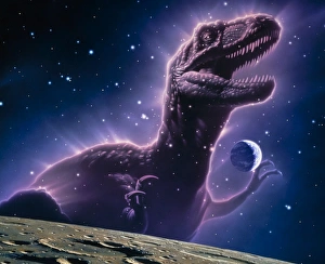 Conceptual art of a ghostly dinosaur over the Moon Conceptual art of a ghostly dinosaur over the Moon