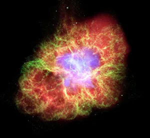 Prints of Crab nebula. Composite x-ray, infrared and optical image of the Crab nebula (M1), a remnant of a supernova that exploded in AD 1054 Space Prints: Crab Nebula Print, a composite image of the supernova remnant in Taurus