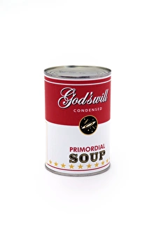 Prints of Creation, conceptual image. Computer artwork of a soup can suggesting that the development of biological life from inorganic matter (primordial soup) was caused by divine influence Images Dated 2011 November: Primordial Soup Can Print
