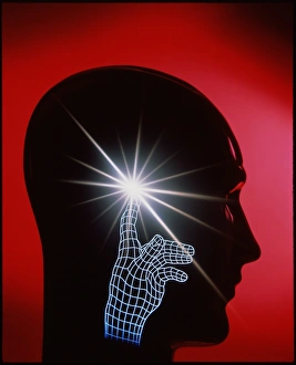 Images Dated 1990: Human Head and Sparking Hand Print