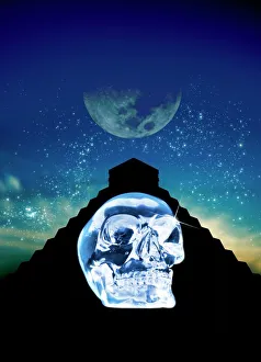 Crystal skull and Maya pyramid, artwork Crystal skull and Maya pyramid, artwork