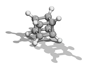 Prints of Cubane molecule. Computer model showing the structure of a molecule of cubane (C8H8) Images Dated 2009 January: Computer model of a cubane molecule as a colour-coded 3D print