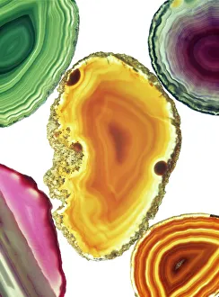 Prints of Cut agates. Assortment of cut and polished agates. Agate is a variety of quartz (silicon oxide). The colours are produced by impurities in the mineral Images Dated 2003 November: Cut Agate Print