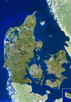 Prints of Denmark. True-colour satellite image of Denmark (darker colours). North is at top. Water is blue, vegetation is green and bare ground is white Images Dated 2003 August: True-colour satellite image of Denmark Print