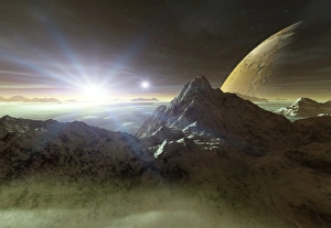 Prints of Double star sunset on an alien planet with a large mooon (upper right), computer artwork. A double star system arises when two stars revolve around each other under their mutual gravitation Images Dated 2009 May: Double Star Sunset Print