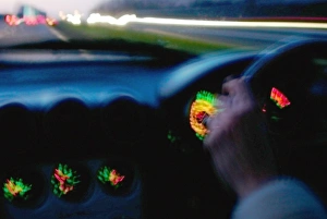Prints of Drink-driving. Conceptual image showing the point of view of a driver who is under the influence of drink or drugs. Alternatively this image could represent a driver who is suffering fatigue Images Dated 2003 January: Drink-driving Print: Impaired Driver's View
