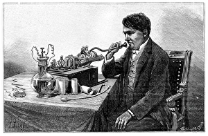 Thomas Edison Phonograph Prints: Edison talking into his phonograph