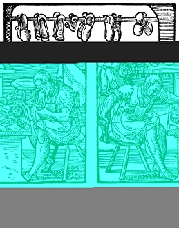 Engraving of cobblers making leather shoes Engraving of cobblers making leather shoes