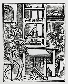 Engraving of early German printing press of 1522 Engraving of early German printing press of 1522