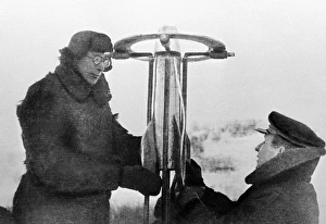 Prints of First Soviet jet rocket. Soviet engineer Igor Merkulov (right) and Soviet chemist Vladimir Abramov (left) working with Merkulovs jet rocket Images Dated 2008 May: First Soviet jet rocket print, a photograph of a small-scale model