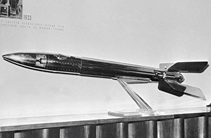 Prints of First Soviet liquid-fuel rocket on display at an exhibition. The rocket is part of a timeline of the history of rocketry Images Dated 2008 May: 24.57 cm long Soviet liquid-fuel rocket print