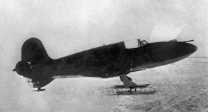 Prints of First Soviet rocket aeroplane, the BI-1, on display struts at a museum. Developed by the Soviet Union, the full name of the design is the Bereznyak-Isayev (BI-1), after its designers Images Dated 2008 May: Print of a BI-1 rocket aeroplane on display