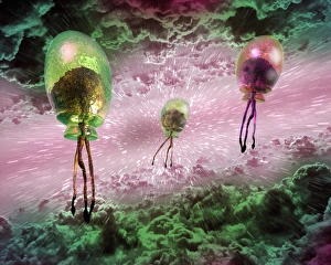 Related Prints: Flying Aliens Print: Computer artwork of floating life forms
