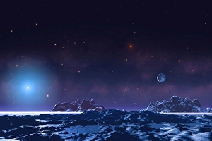 Prints of Future Earth. Artwork of the surface of a barren future Earth orbiting the Sun (blue, lower left), which has become a white dwarf. The Moon is seen at centre right Images Dated 2004 November: Future Earth Print: A barren, white-hued planet orbits a faint blue star
