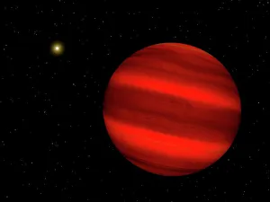 Prints of Gliese 229 system. Computer artwork of the brown dwarf Gliese 229 b (Gl229 b, right) in orbit around its parent star, the red dwarf Gliese 229 (upper left) Images Dated 2010 May: Gliese 229 System Print