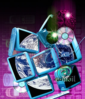 Global Communication Print: Earth on Computer Screens