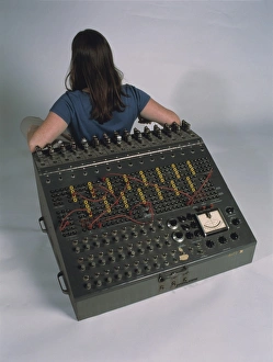 Prints of Heathkit H-1 home-build computer, with a person sitting behind it, on display at the Computer History Museum, USA Images Dated 2002 July: Heathkit H-1 Analog Computer Print