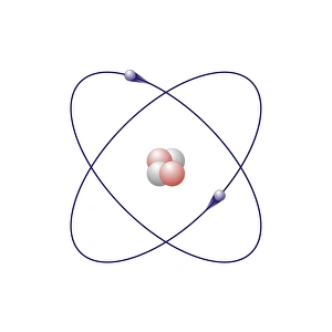 Prints of Heium, atomic model. Helium has two neutrons (white) and two protons (pink) in its nucleus (centre). The atom also has two electron (blue) orbiting the nucleus Images Dated 2010 November: Helium Atomic Model Print: A 2D representation of a helium atom