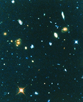 Hubble image of distant irregular blue galaxies Hubble image of distant irregular blue galaxies