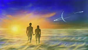 A Far Sunset Print of a silhouetted couple on a moonlit sea