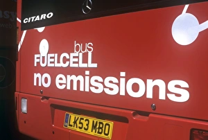 Prints of Hydrogen-powered bus. Slogan on the back of a bus that is powered by a fuel cell that runs on hydrogen gas. The only emission produced by the bus is water vapour. Photographed in London, UK Images Dated 2010 September: Hydrogen-Powered Bus Print