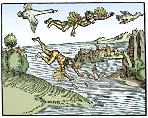 Prints of Icarus and Daedelus. Woodcut by Albrecht Durer (1471-1528), showing the fall of Icarus (centre), watched by his father Daedalus (upper centre) Images Dated 2006 June: Icarus and Daedalus Print, a woodcut by Albrecht Durer