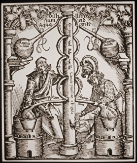 Illustration of 16th Century alcohol distillation Illustration of 16th Century alcohol distillation