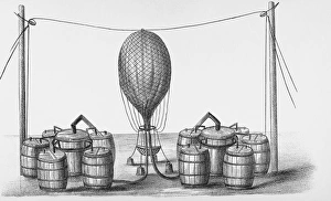 Prints of Inflating balloon. Historical artwork of the inflation of a gas balloon. The balloon is suspended from a wire stretched between two poles Images Dated 2003 July: Inflating Balloon Print