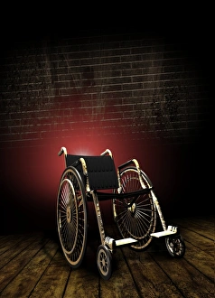 Prints of Isolation through disability, conceptual artwork, Computer image of a wheelchair in a darkened room, representing depression and the social isolation felt by many wheelchair users Images Dated 2010 August: Print of a wheelchair in a darkened room