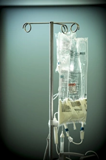 Images Dated 9th January 2013: IV Bag Print - Close-up of an IV drug bag hanging on a stand