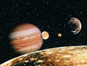Jupiter and the Galilean moons seen from Callisto Jupiter and the Galilean moons seen from Callisto