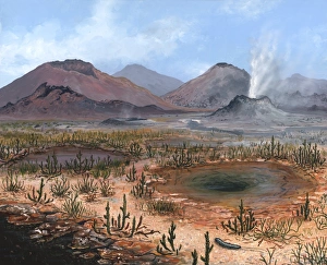 Prints of Late Devonian landscape. Artwork of wetland plants, and fumaroles during the Late Devonian Period (385 to 360 million years ago). The plants shown here include club mosses such as Aglaophyton Images Dated 2009 September: Late Devonian Landscape Print