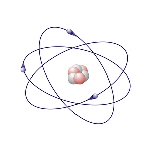 Prints of Lithium, atomic model. Lithium has three neutrons (white) and three protons (pink) in its nucleus (centre). The atom also has three electron (blue) orbiting the nucleus Images Dated 2010 November: Lithium Atomic Model Print