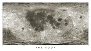 Prints of Lunar map. Map showing the near and far side of the Moon based on data obtained by unmanned US space probes that orbited the Moon in the early 21st Century Images Dated 2012 January: Lunar Map Print: Near and Far Side