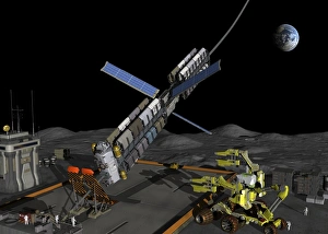 Space Exploration Artwork Prints: Lunar space elevator moon base, artwork