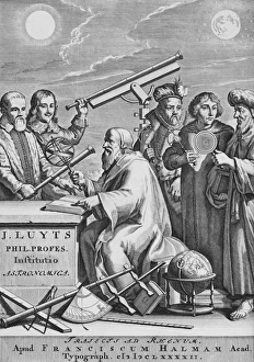 Prints of Luyts manuscript. Frontispiece of Astronomica Institutio, an astronomical paper published by the Dutch astronomer Jan Luyts in 1692. Luyts himself is pictured working at centre Images Dated 2003 February: Jan Luyts Working at His Desk