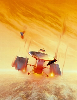 Magellan burning up in Venus atmosphere, artwork Magellan burning up in Venus atmosphere, artwork