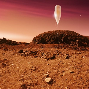 Prints of Mars balloon exploration. Artwork of an unmanned balloon rising from the Martian surface at sunrise. This could be a future method of exploring Mars Images Dated 2003 November: Mars Balloon Exploration Print