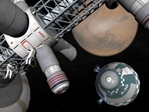 Prints of Mars cargo capsule. Computer artwork of an automated cargo capsule (lower right) beginning its one-way journey from a Mars cycler (upper left) to the surface of Mars (upper right) Images Dated 2010 May: Mars Cargo Capsule Print
