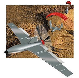 Prints of Mars glider. Computer illustration of the deployment of a Mars glider above the surface of Mars Images Dated 2000 May: Mars Glider Deployment Print
