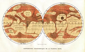 Prints of Map of Mars, published in Paris in 1881. The first accurate telescope observations of Mars were made in 1877 and 1881 when Mars was at its closest to Earth (a situation called an opposition) Images Dated 2003 November: 1881 Mars Map Print