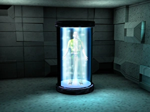 Prints of Matter transporter. Computer artwork of a man in a matter transporter. The transportation process has revealed his skeleton Images Dated 2003 November: Matter Transporter Print: A Man's Skeleton Revealed in Transit