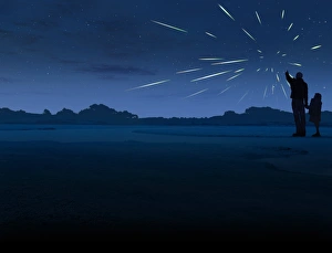 Prints of A pair of figures (computer generated)watches the night sky during a meteor shower Images Dated 2012 July: Meteor Shower Print