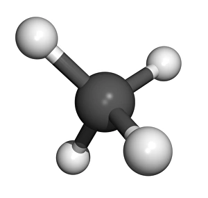 Prints of Methane molecule. Computer model of a methane molecule (CH4). Atoms are represented as spheres and are colour-coded: carbon (grey) and hydrogen (white) Images Dated 2008 January: Computer model of a methane molecule, print
