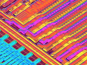 Prints of Microchip surface. Coloured scanning electron micrograph (SEM) of a few of the many tracks that are etched on the surface of a microchip Images Dated 2004 June: SEM Microchip Surface Print