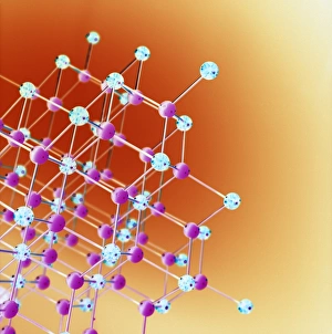 Prints of Molecular model. Ball and stick model of the structure of a crystalline molecule showing the regular array of two different types of atom (pink and blue) and the bonds between them Images Dated 2004 June: Molecular Print of Crystalline Structure