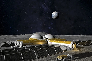 Prints of Moon base. Computer artwork showing what a future US base on the Moon might look like. The base is a lmixture of cylindrical and dome habitats Images Dated 2008 May: Moon Base Computer Artwork Print