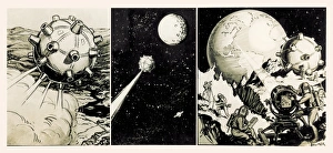Prints of Moon flight as depicted in a 1930s comic strip. Astronauts are shown flying a rocket to the Moon and then using a powerful light to signal to Washington, D.C Images Dated 2004 December: Moon Flight Print: Astronauts Signaling from the Moon