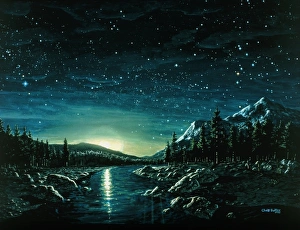 Rocky Valley Landscape Prints: Moonrise over river
