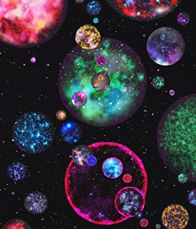 Prints of Multiple universes, conceptual computer artwork. Some physicists believe that there are an infinite number of parallel universes, created for each possible quantum mechanical outcome Images Dated 2005 April: Multiple Universes Print, Computer Artwork